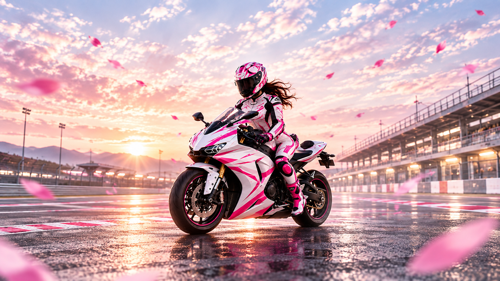 白とピンクのバイクに乗る女性ライダー